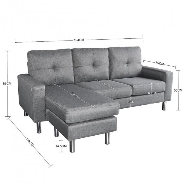 Juno Linen Corner Sofa with Chaise Lounge and Metal Legs by Sarantino - Grey Image 6