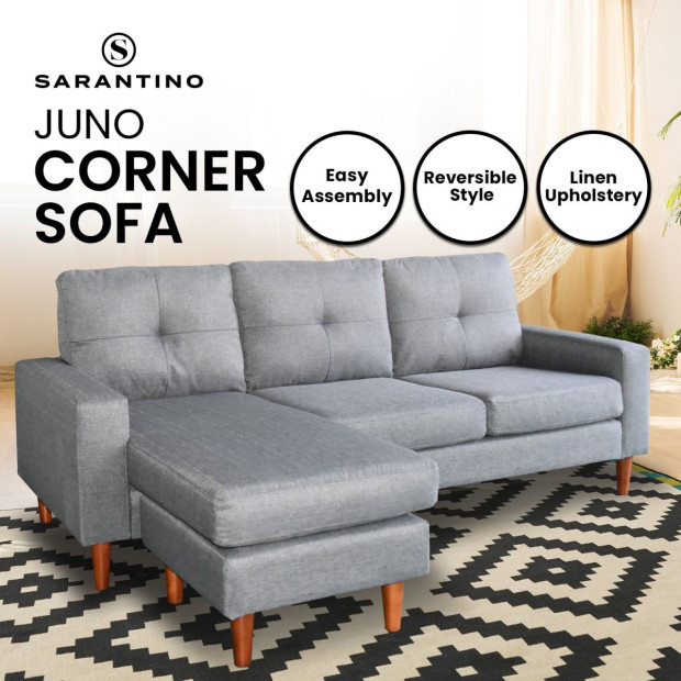 Juno Linen Corner Sofa with Chaise Lounge and Wooden Legs by Sarantino - Grey Image 9