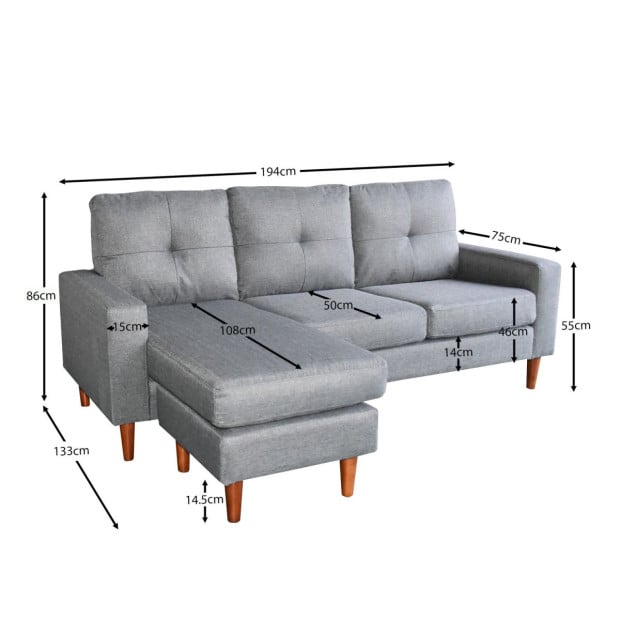 Juno Linen Corner Sofa with Chaise Lounge and Wooden Legs by Sarantino - Grey Image 2