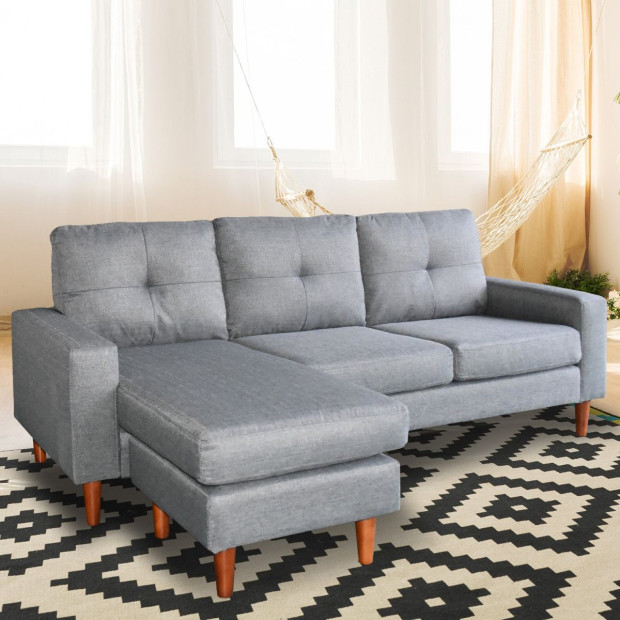 Juno Linen Corner Sofa with Chaise Lounge and Wooden Legs by Sarantino - Grey Image 8