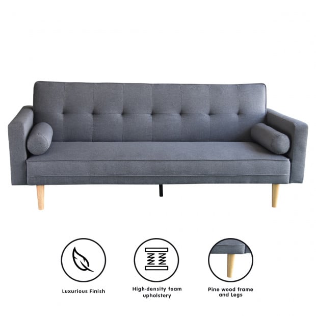 Aria 3-Seater Linen Sofa Bed with Bolsters by Sarantino - Dark Grey Image 2