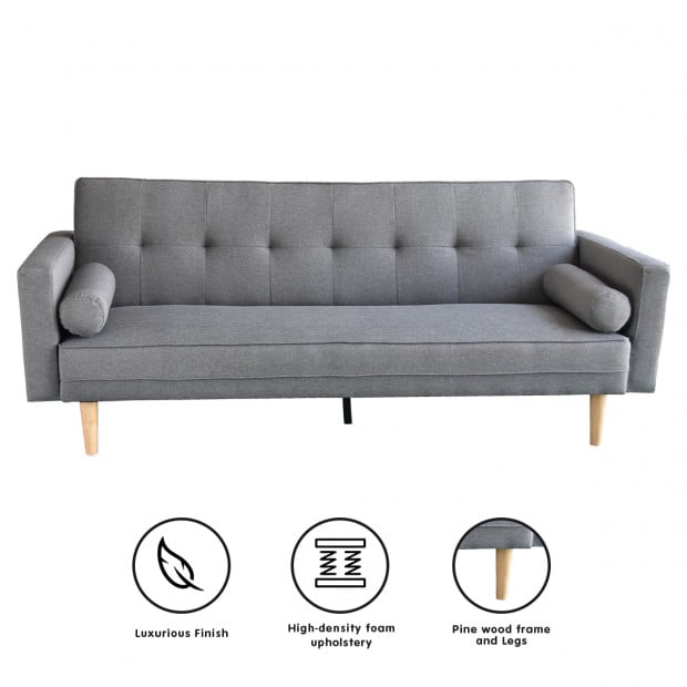 Aria 3-Seater Linen Sofa Bed with Bolsters by Sarantino - Light Grey Image 2