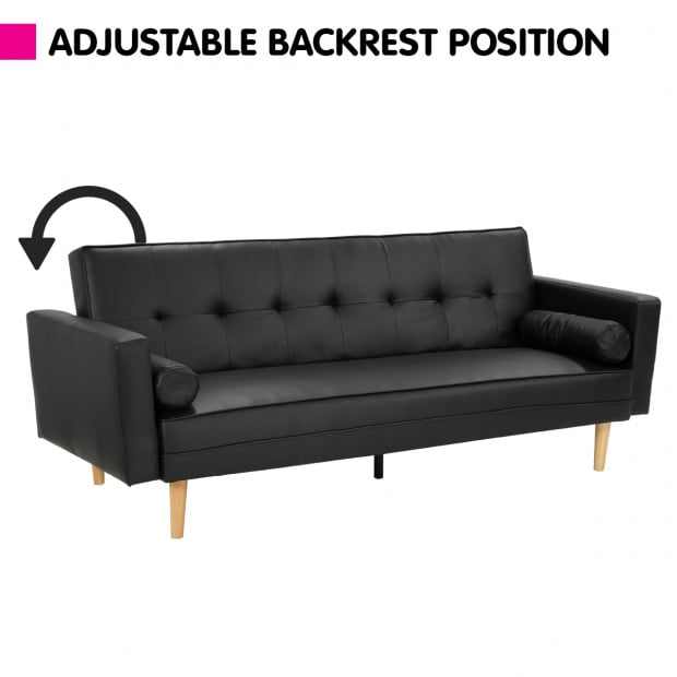 Aria 3-Seater Faux Leather Sofa Bed with Bolsters by Sarantino - Black Image 3