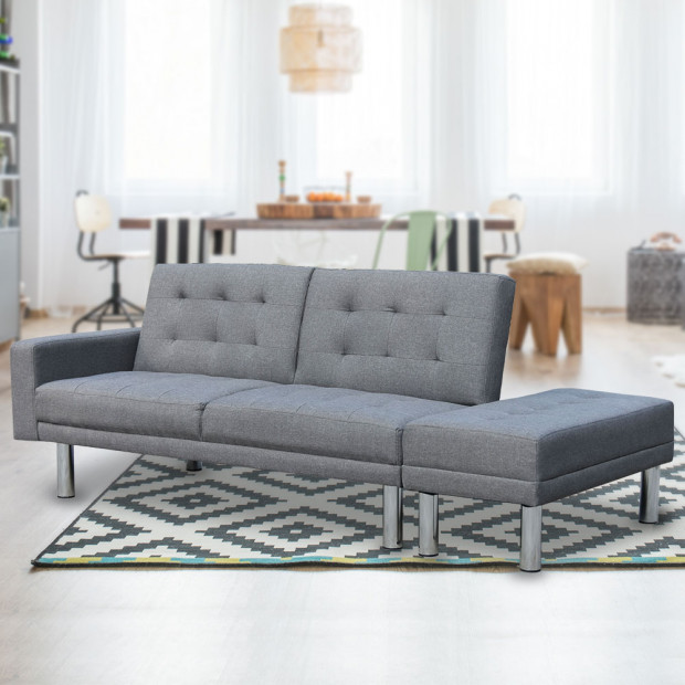 Sarantino 3 Seater Linen Sofa Bed Convertible Couch w/ Footstool Grey