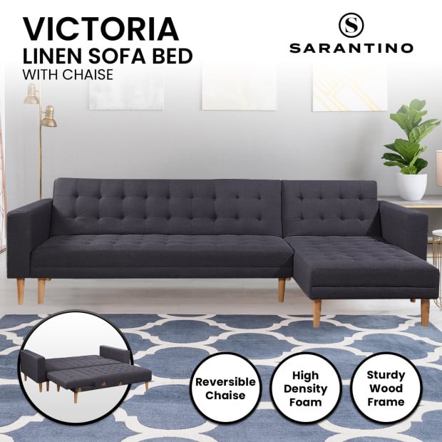 Victoria Modular Tufted Linen Sofa Bed with Chaise by Sarantino - Dark Grey