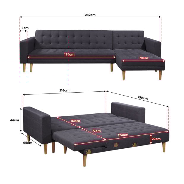 Victoria Modular Tufted Linen Sofa Bed with Chaise by Sarantino - Dark Grey Image 4