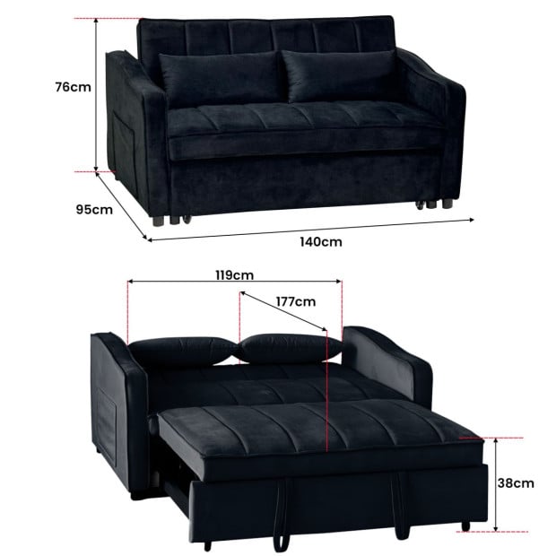 Sarantino Fenton Velvet 2-Seater Sofa Bed - Black Image 4