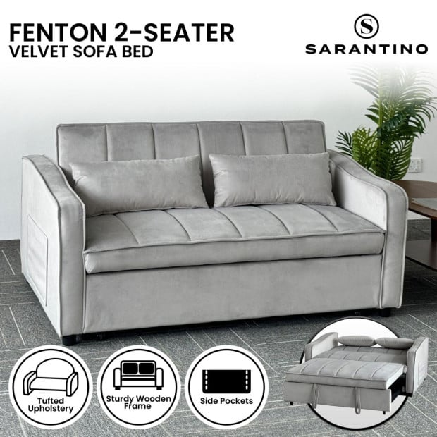 Sarantino Fenton Velvet 2-Seater Sofa Bed - Light Grey