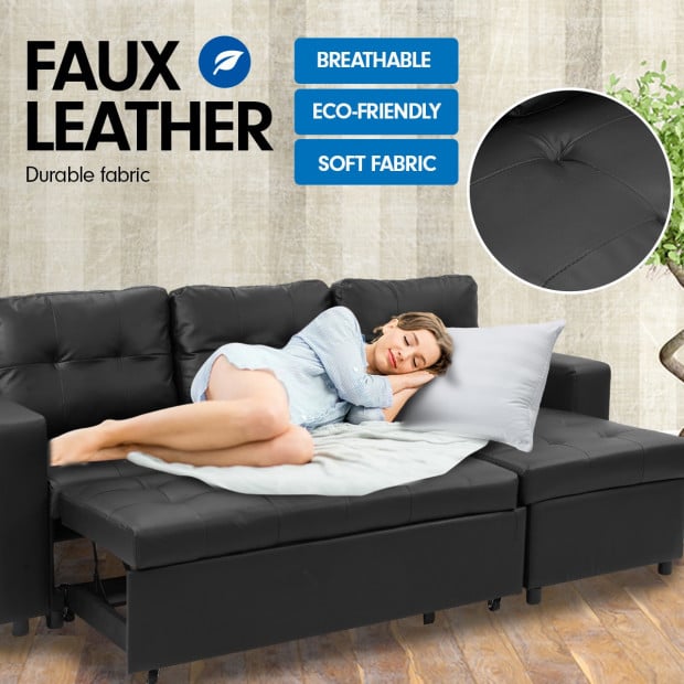 Shea Modern Pull Out Sofa Bed With Storage Chaise By Sarantino Black Sofa Bed With Storage Chaise, Pull Out Sofa Beds Australia