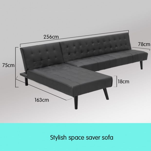 Alice Faux Leather Modular Sofa Bed with Chaise Lounge by Sarantino - Black Image 3