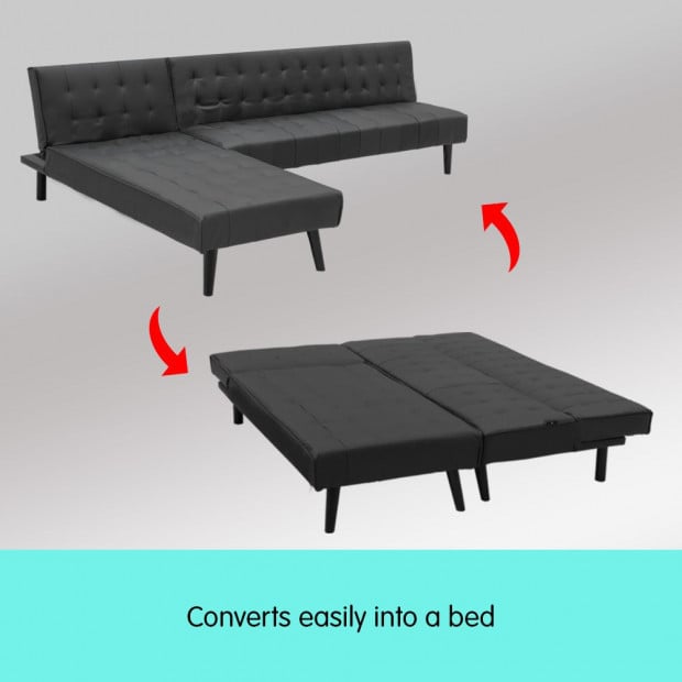 Alice Faux Leather Modular Sofa Bed with Chaise Lounge by Sarantino - Black Image 4