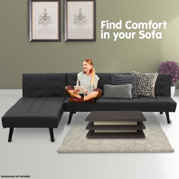 Alice Faux Leather Modular Sofa Bed with Chaise Lounge by Sarantino - Black Image 5