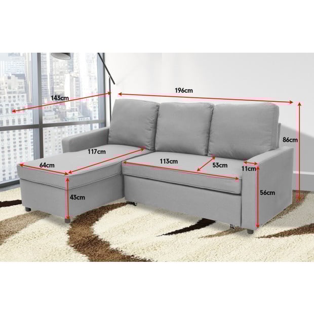 Rochelle Fabric Pull-out Sofa Bed with Reversible Chaise by Sarantino - Light Grey Image 5