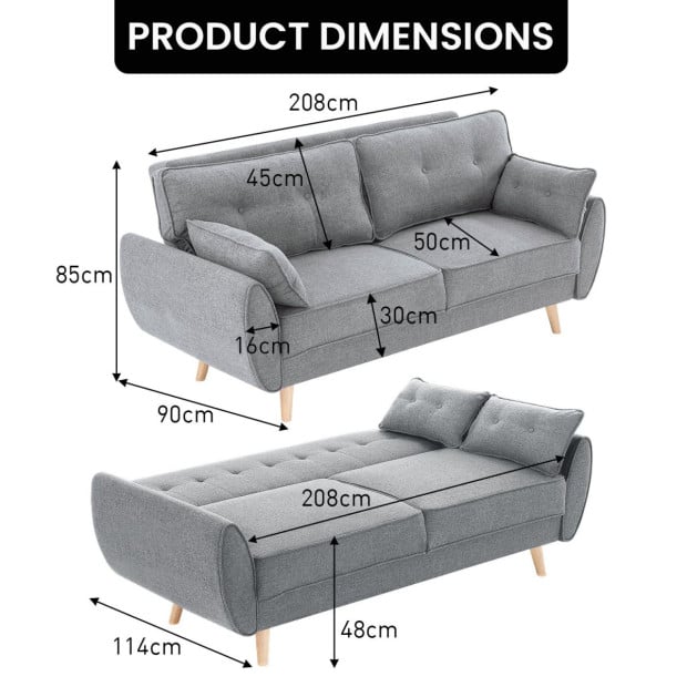 Elle Button-Tufted Fabric Sofa Bed w/ Cushions by Sarantino Light Grey Image 3