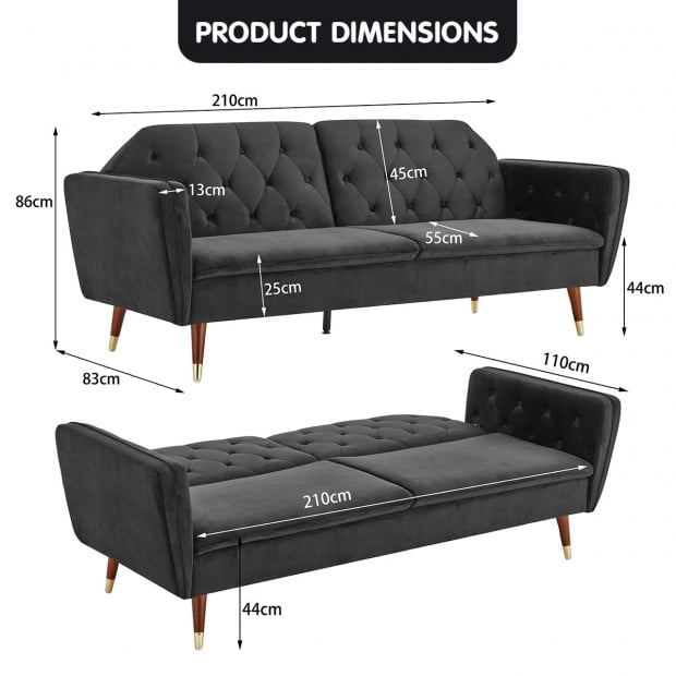 Beatrice Button-Tufted Faux Velvet Sofa Bed by Sarantino - Black Image 6