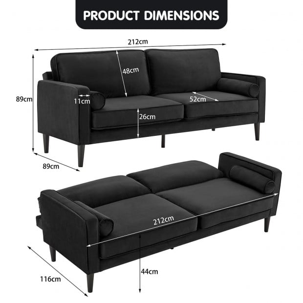 Chloe Faux Velvet Sofa Bed with Bolsters by Sarantino - Black Image 12