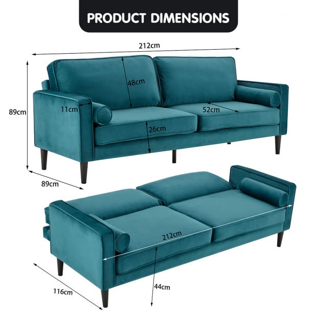 Chloe Faux Velvet Sofa Bed with Bolsters by Sarantino - Blue Image 12