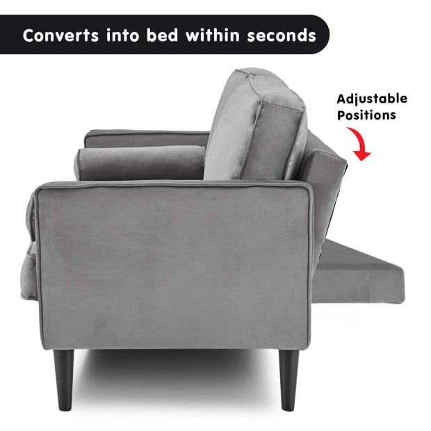 Chloe Faux Velvet Sofa Bed with Bolsters by Sarantino - Grey Image 9