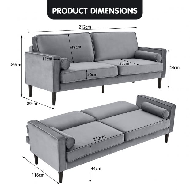 Chloe Faux Velvet Sofa Bed with Bolsters by Sarantino - Grey Image 12