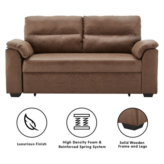 Harper Distressed Fabric Sofa Bed with Cushioned Armrests by Sarantino - Brown Image 2