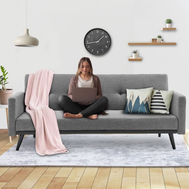 Olivia 3-Seater Linen Sofa Bed with Stitch Detailing by Sarantino - Light Grey Image 10
