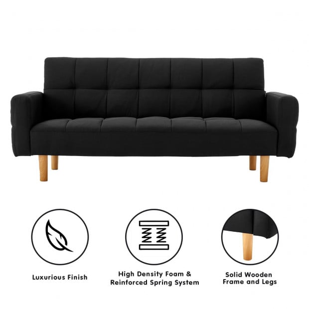 Vienna 3-Seater Blind-Tufted Fabric Sofa Bed by Sarantino - Black Image 2