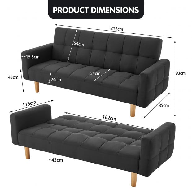 Vienna 3-Seater Blind-Tufted Fabric Sofa Bed by Sarantino - Dark Grey Image 10