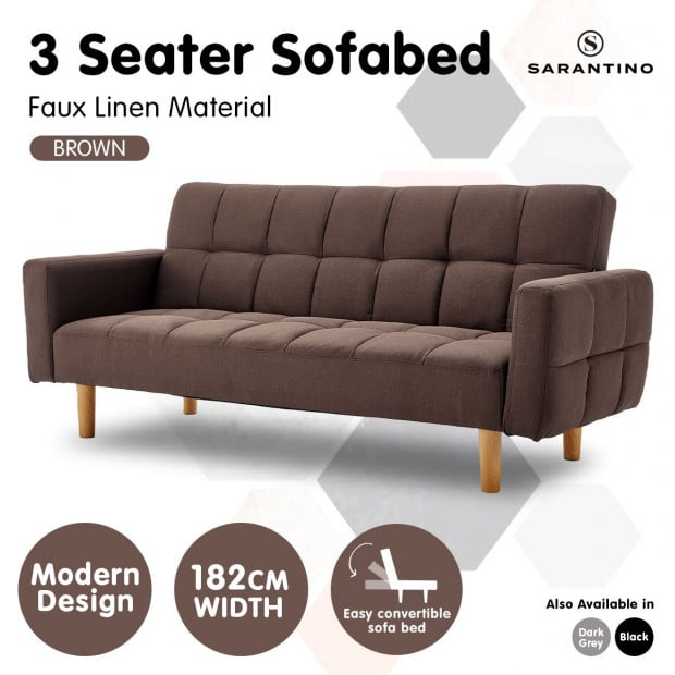 Vienna 3-Seater Blind-Tufted Fabric Sofa Bed by Sarantino - Brown Image 3