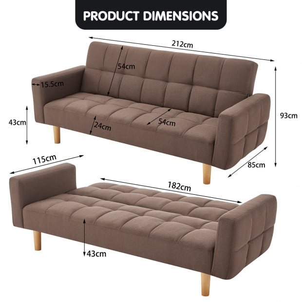 Vienna 3-Seater Blind-Tufted Fabric Sofa Bed by Sarantino - Brown Image 10