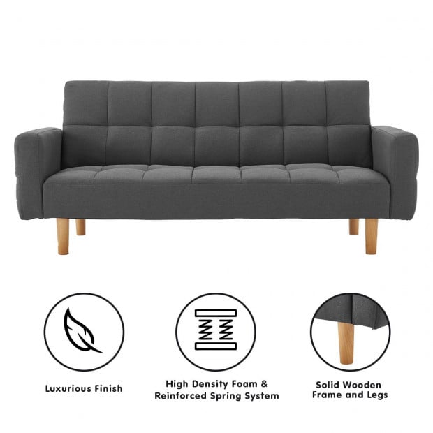 Vienna 3-Seater Blind-Tufted Fabric Sofa Bed by Sarantino - Dark Grey Image 2