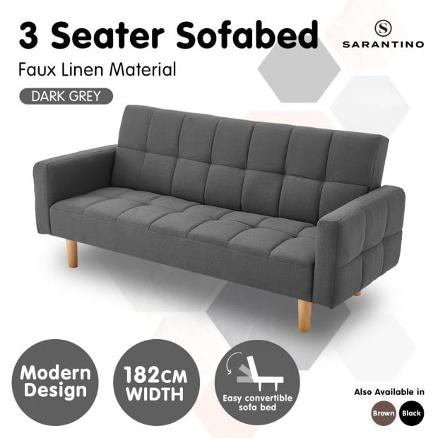 Vienna 3-Seater Blind-Tufted Fabric Sofa Bed by Sarantino - Dark Grey Image 3