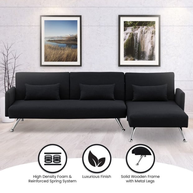 Mia 3-Seater Corner Sofa Bed with Chaise Lounge & Pillows by Sarantino - Black Image 13
