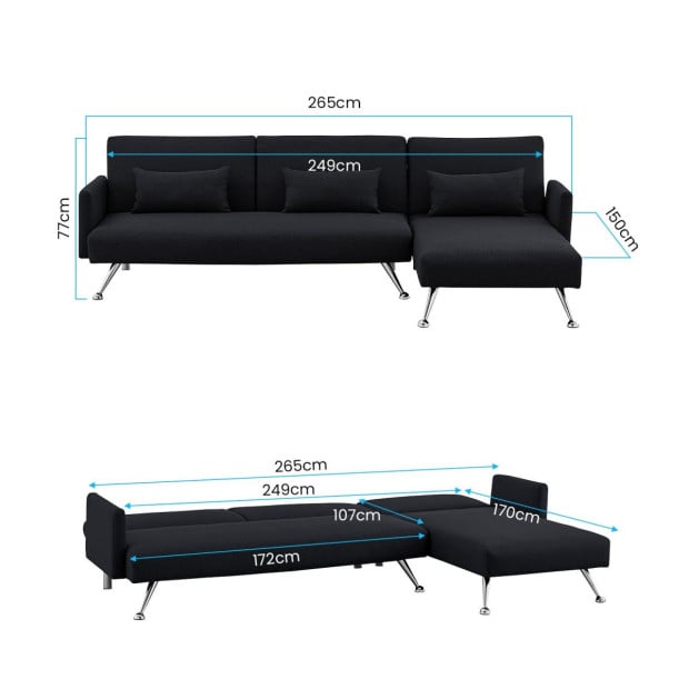 Mia 3-Seater Corner Sofa Bed with Chaise Lounge & Pillows by Sarantino - Black Image 5