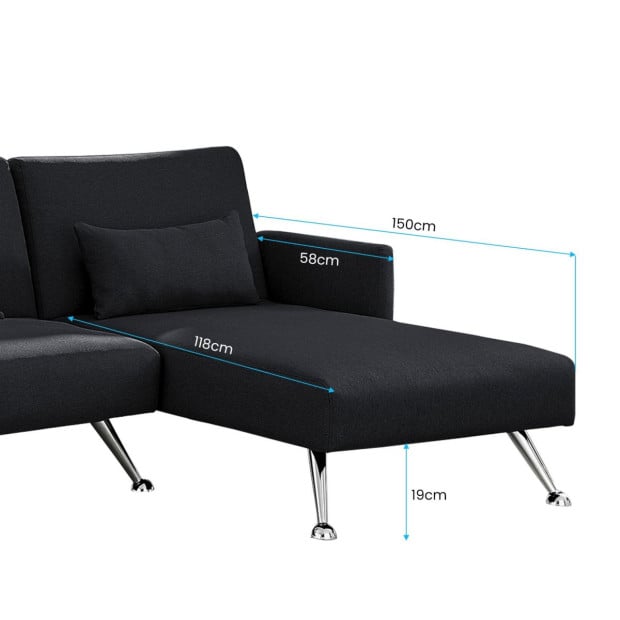 Mia 3-Seater Corner Sofa Bed with Chaise Lounge & Pillows by Sarantino - Black Image 8