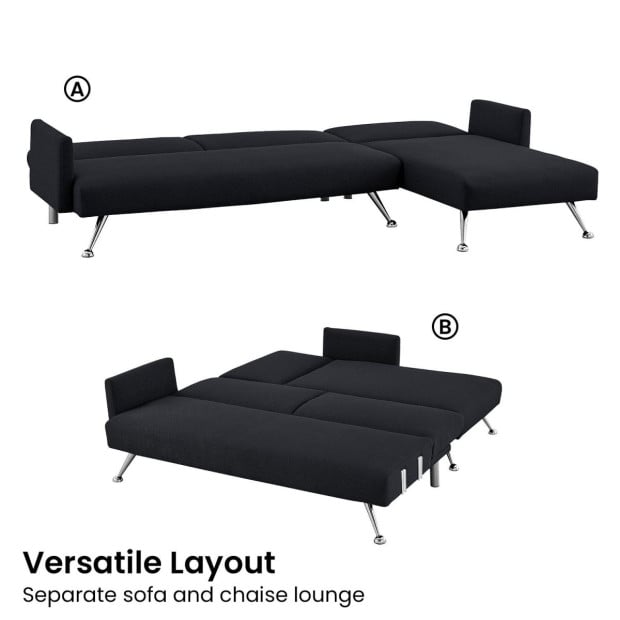 Mia 3-Seater Corner Sofa Bed with Chaise Lounge & Pillows by Sarantino - Black Image 9