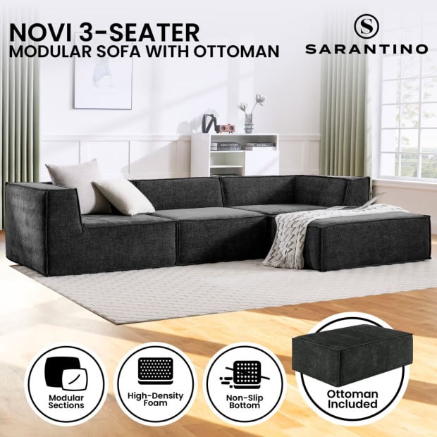 Sarantino Novi 3-Seater Modular Sofa with Ottoman - Black