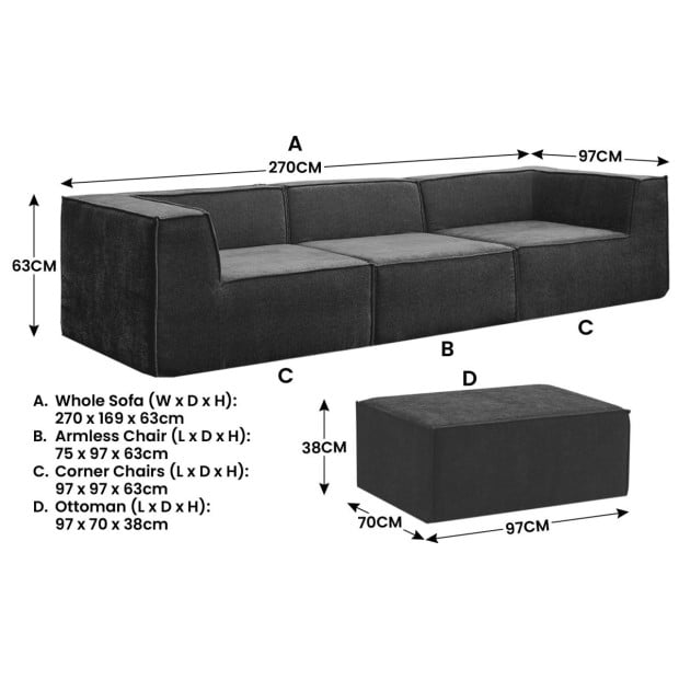 Sarantino Novi 3-Seater Modular Sofa Ottoman Charcoal Black Non-Slip Bottom Lounge Image 3