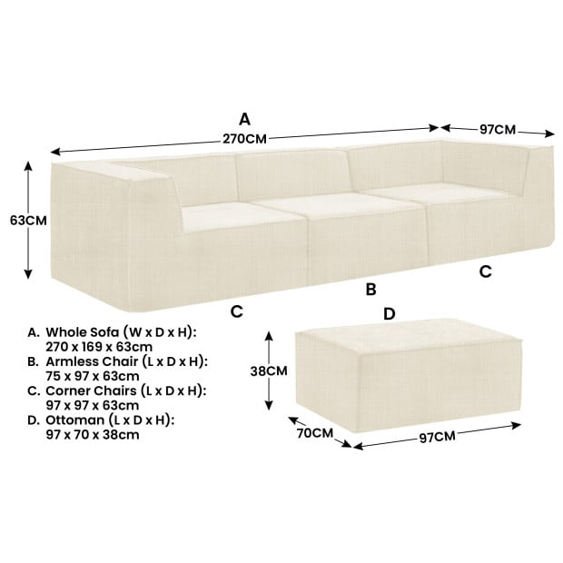 Sarantino Novi 3-Seater Modular Sofa with Ottoman - Cream Image 8