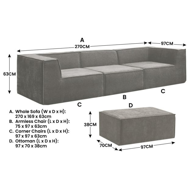 Sarantino Novi 3-Seater Modular Sofa with Ottoman - Grey Image 4
