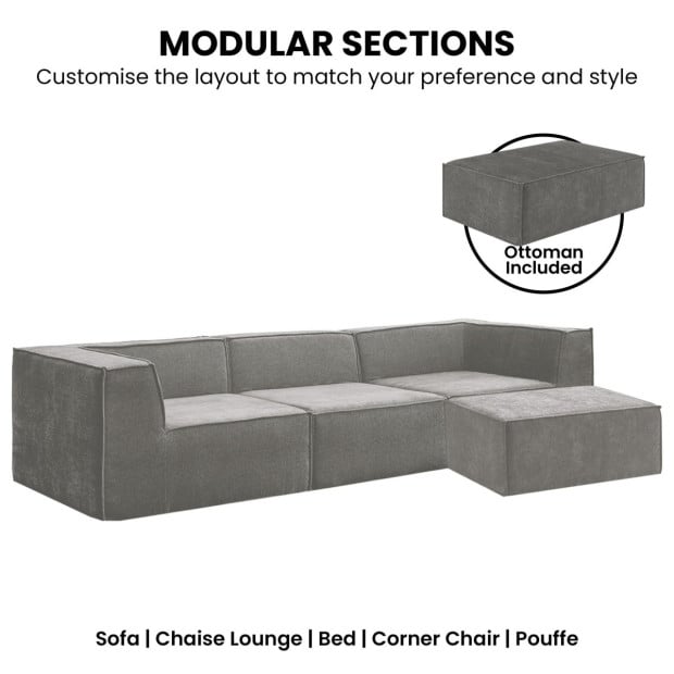 Sarantino Novi 3-Seater Modular Sofa with Ottoman - Grey Image 7