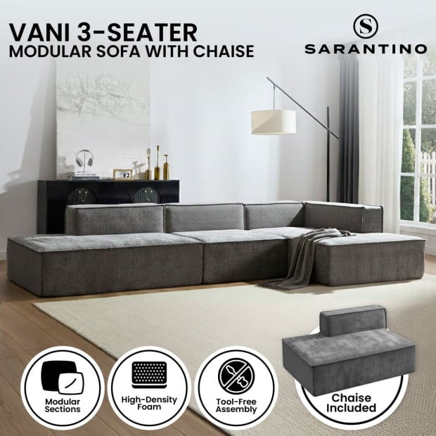 Sarantino Vani 3 Seater Modular Sofa Set - Dark Grey