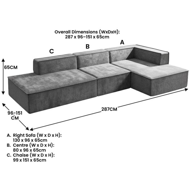 Sarantino Vani 3 Seater Modular Sofa Set - Dark Grey Image 4