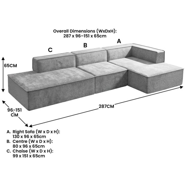 Sarantino Vani 3 Seater Modular Sofa Set - Light Grey Image 4