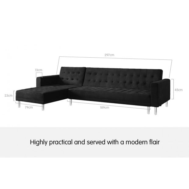 Vera Modular Tufted Suede Sofa Bed with Chaise by Sarantino - Black Image 6