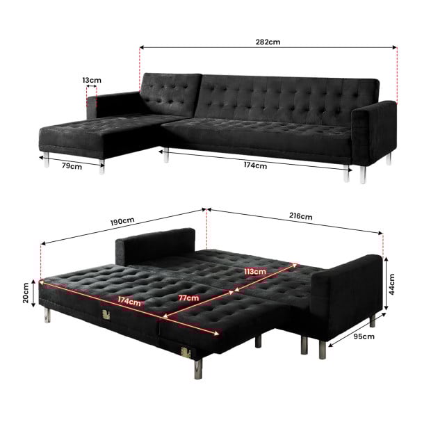 Vera Modular Tufted Sofa Bed with Chaise by Sarantino - Black Image 4