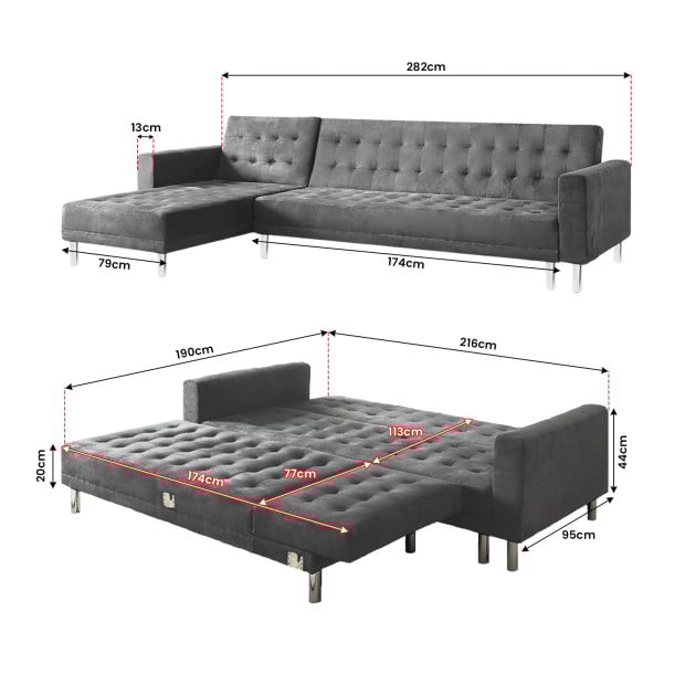 Vera Modular Tufted Sofa Bed with Chaise by Sarantino - Grey Image 3