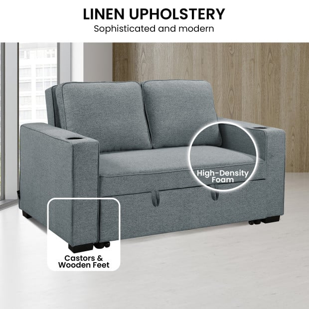Sarantino Hoffman Linen Sofa Bed with Cushions & Cup Holders Airforce Blue Image 8