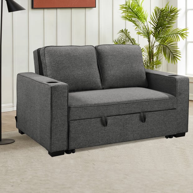 Sarantino Hoffman Linen Sofa Bed with Cushions and Cup Holders - Dark Grey Image 11