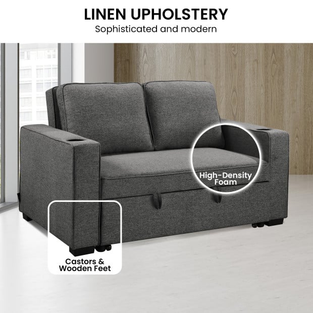 Sarantino Hoffman Linen Sofa Bed with Cushions and Cup Holders - Dark Grey Image 8