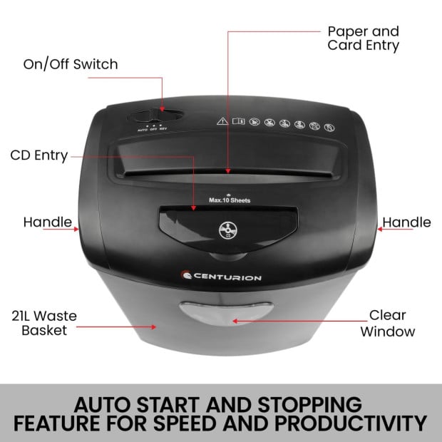 Centurion 21L Cross-Cut Office Shredder 10-Sheet Paper, CD & Credit Card Security Image 9